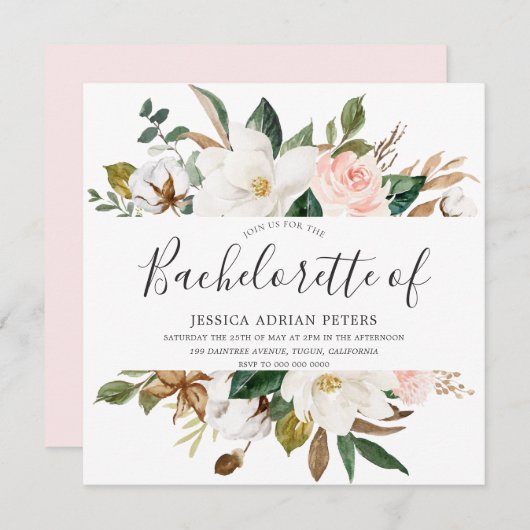 Invitation Blush & White Belle Fleurs Bachelorette Party (Devant / Derrière)