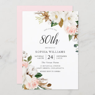 Invitation Blush White Elegant Flowers 80e anniversaire fête