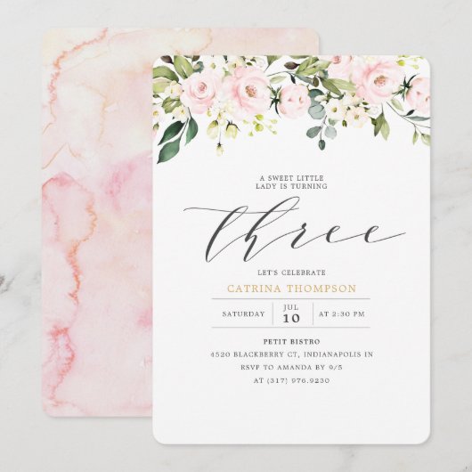 Invitation Blush White Floral & Eucalyptus Girl 3e anniversai (Devant / Derrière)