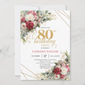 Invitation Blush white roses elegant gold trim 80th birthday (Devant)
