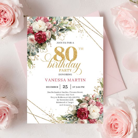 Invitation Blush white roses elegant gold trim 80th birthday