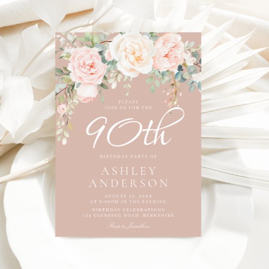 Invitation Blush & White Soirée florale élégante 90e annivers