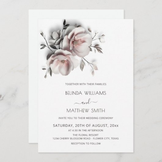 Invitation Blush White Textured Roses Simple Wedding (Devant / Derrière)
