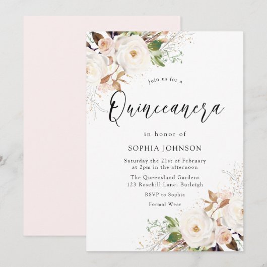Invitation Blush White Winter Forest Quinceanera Party (Devant / Derrière)