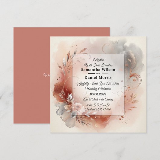 Invitation Blushing Petals and Silver Swirls Wedding (Devant / Derrière)