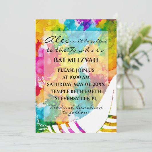 Invitation BM Bat Bar Mitzvah Splash de couleur Tallit (Debout devant)