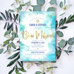 Invitation B'nai Mitzvah Gold Script Turquoise Aquarelle<br><div class="desc">Soyez fier, réjouissez-vous et présentez cette étape importante de votre B’nai Mitzvahs préféré! Envoyez cette invitation étonnante, moderne, personnalisée pour un événement à retenir. Scénario de calligraphie de faux feuillard doré et Star of David, avec des points de confettis bleus, superposent un arrière - plan d'aquarelle turquoise. Personnalisez le texte...</div>