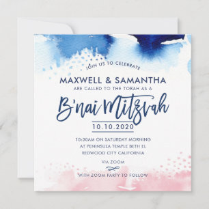 Invitation B'NAI MITZVAH lettré à la main bleu & rose aquarel
