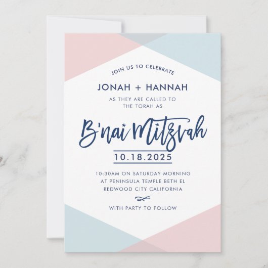 Invitation B'NAI MITZVAH modern minimal script blue pink (Devant)