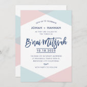 Invitation B'NAI MITZVAH modern minimal script blue pink (Devant / Derrière)