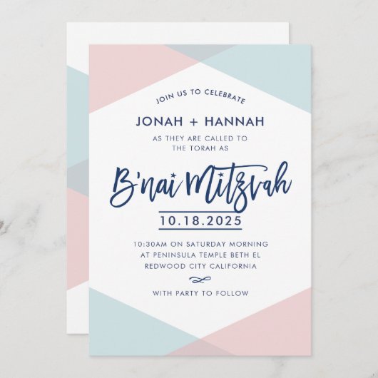 Invitation B'NAI MITZVAH modern minimal script blue pink (Devant / Derrière)