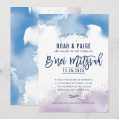 Invitation B'NEI MITZVAH écrit à la main bleu & violet aquare (Devant / Derrière)