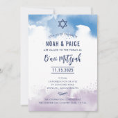 Invitation B'NEI MITZVAH script bleu & violet aquarelle 2 (Devant)