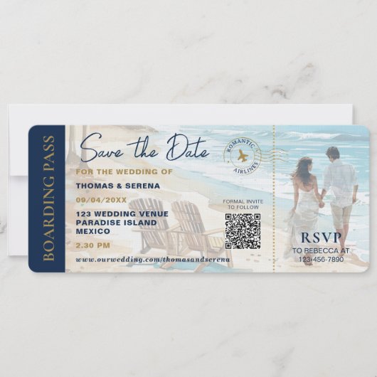 Invitation Boarding Pass Beach Save The Date QR Code Wedding (Devant)