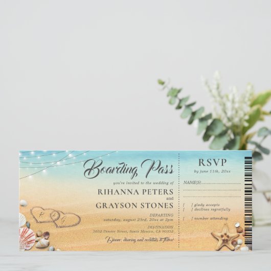 Invitation Boarding Pass Hearts in Sand Mariage (Debout devant)