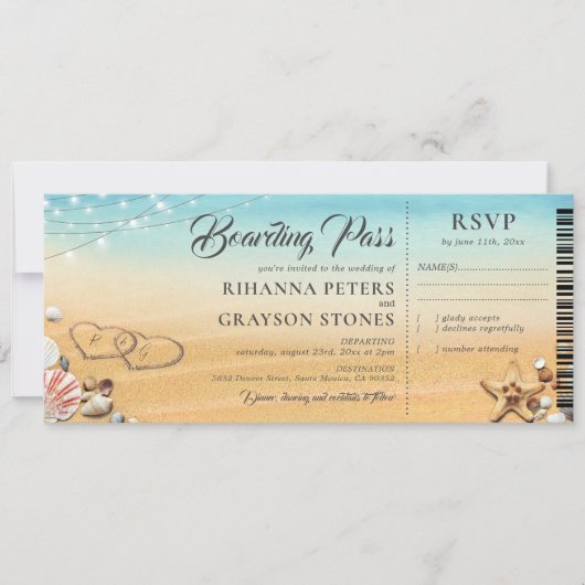 Invitation Boarding Pass Hearts in Sand Mariage (Devant)