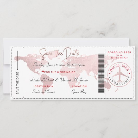 Invitation Boarding Pass Save the Date, Blush World Map (Devant)