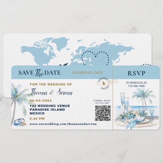 Invitation Boarding Pass Tropical Destination QR Code Wedding (Devant / Derrière)