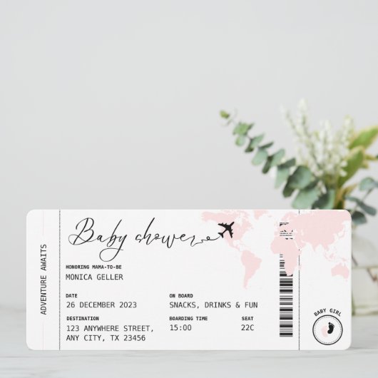 Invitation Boarding Pass Voyage Moderne Baby shower fille ros (Debout devant)