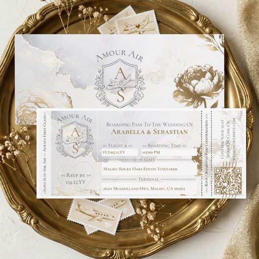 Invitation Boarding Plane Ticket Floral Destination Wedding