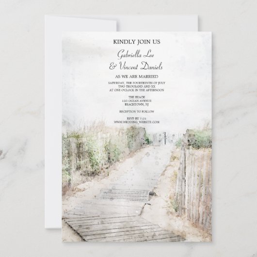 Invitation Boardwalk en bois à la plage Mariage (Devant)