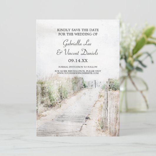 Invitation Boardwalk en bois à la plage Mariage Enregistrer l (Debout devant)