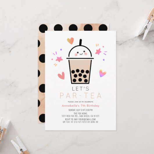 Invitation Boba Bubble Tea Party Par-tea Kid's Birthday (Devant/Arrière en situation)