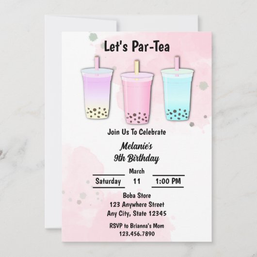 Invitation Boba Milk Tea Bubble Anniversaire (Devant)