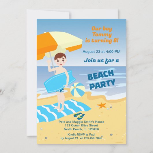 Invitation Boboard garçon fun plage fête d'anniversaire (Devant)