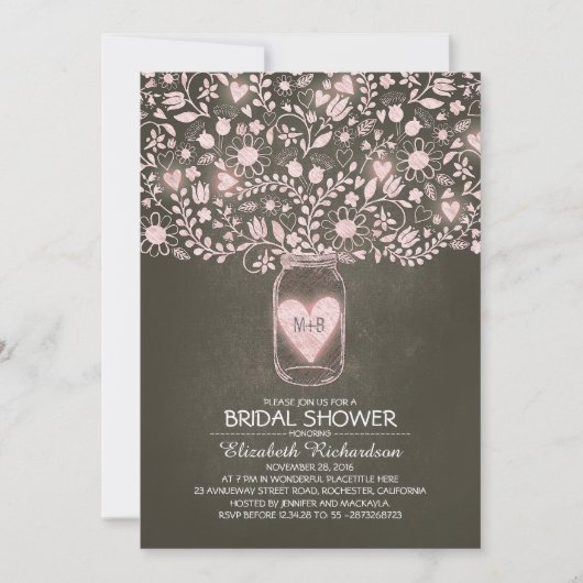 Invitation bocal de mason à fleurs rustique rose nuptiale (Devant)