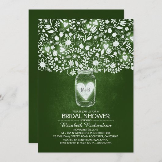 Invitation bocal de mason à fleurs rustique vert nuptiale (Devant / Derrière)