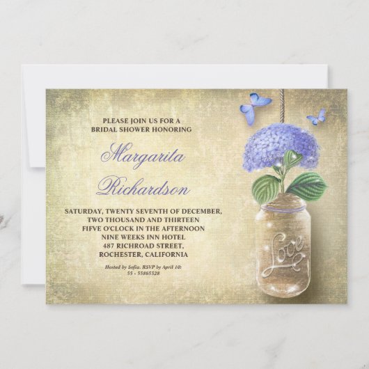 Invitation bocal de mason avec fleurs bleues-invitations de d (Devant)