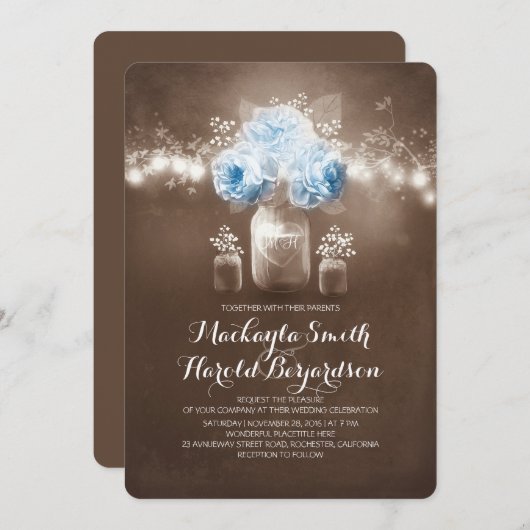 Invitation bocal de mason fleuri lumières à cordes rustiques  (Devant / Derrière)