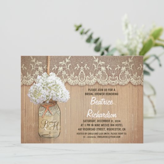 Invitation bocal de mason rustique blanc hydrangée douche nup (Debout devant)