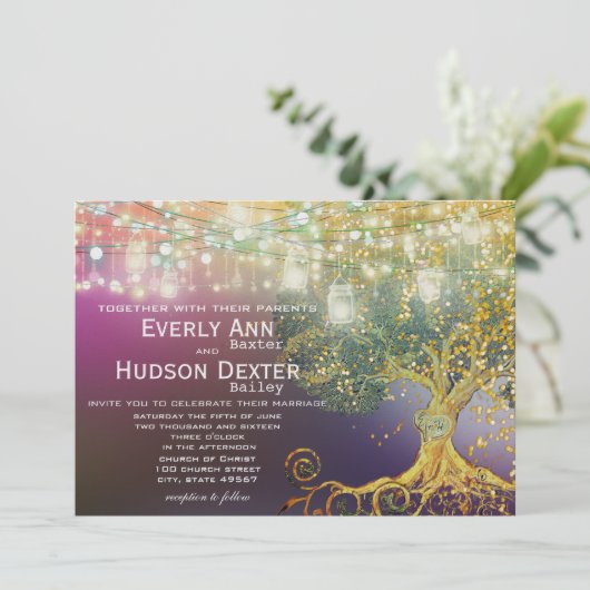 Invitation Bocal en forêt conte de fées mariage violet et or (Debout devant)