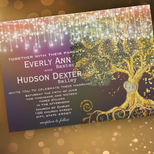 Invitation Bocal en forêt conte de fées mariage violet et or