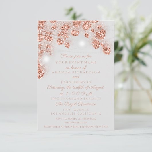 Invitation Bocaux de Lumière de Mariage Rustiques Rose Doré G (Debout devant)