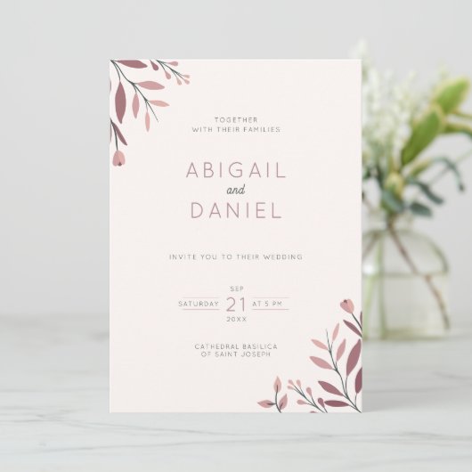 Invitation Boda boho chic hojas y ramas rojas (Debout devant)