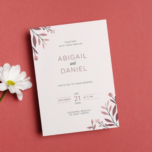 Invitation Boda boho chic hojas y ramas rojas