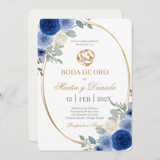 Invitation Boda de oro con flor azul (Devant / Derrière)