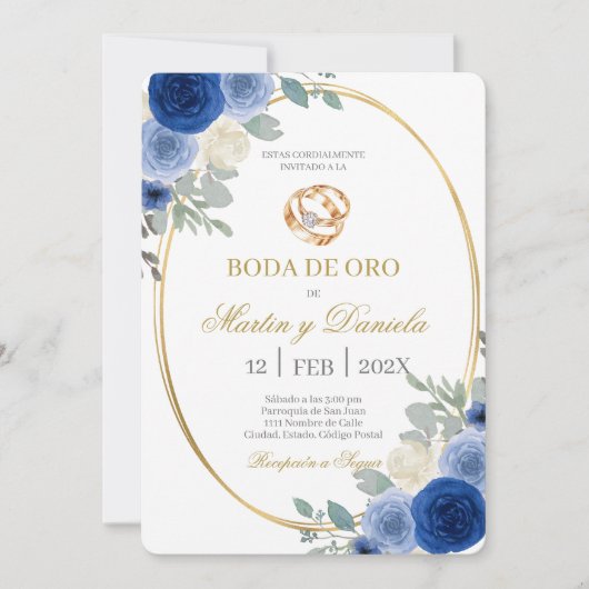 Invitation Boda de oro con flor azul (Devant)