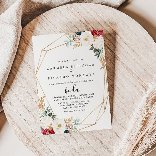 Invitation Boda fleurie blanche et bordeaux d'or classique gé
