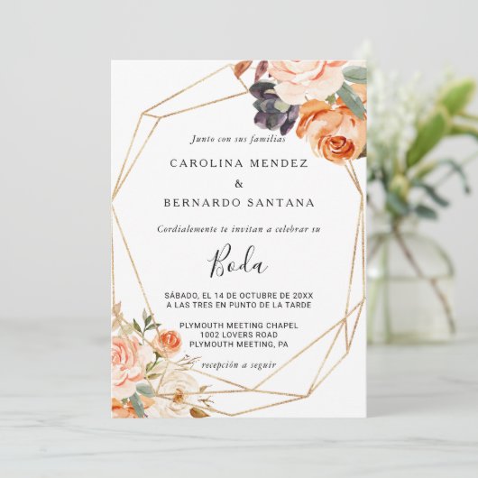 Invitation Boda fleurie d'or géométrique en automne (Debout devant)