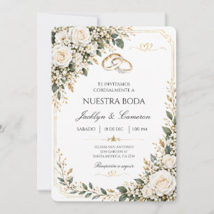 Invitation Boda roses blanches et or anneaux de mariage
