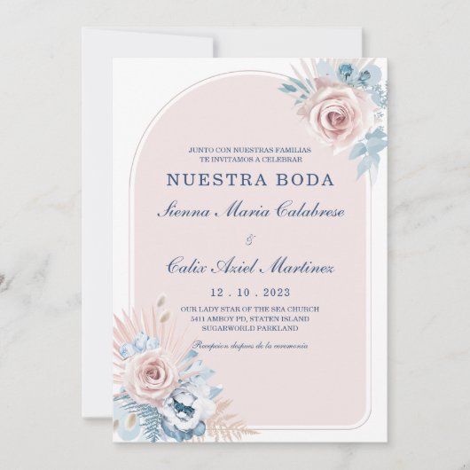Invitation Bodas en azul empolvado y rosa rubans (Devant)