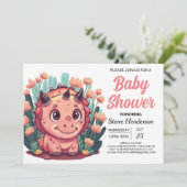 Invitation Bohème Aquarelle Dinosaur Baby shower fille (Debout devant)