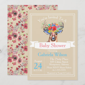 Invitation Bohème Aquarelle Floral Deer Girl Baby shower