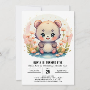 Invitation Bohème Aquarelle Forêt Ours Fille Anniversaire