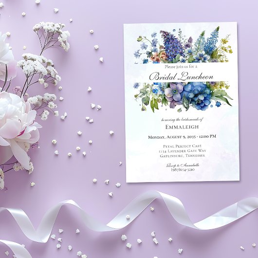 Invitation Bohême Bleu Violet Aquarelle Bridal Déjeuner