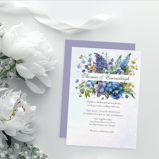 Invitation Bohème Bleu Violet Aquarelle Florales Mariage